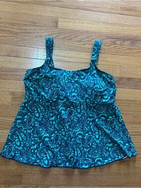 Lands End Tankini Swim Top Womens Size L Petite 14/16 Green Blue Paisley